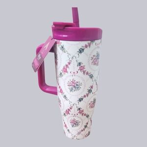 Wellness Floral Travel Mug with Pink Handle and Lid